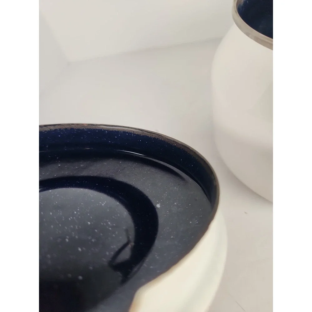 Vintage Siam Fuji Ware White Enamelware Tea Kettle 2 Qt Thailand Blue Interior